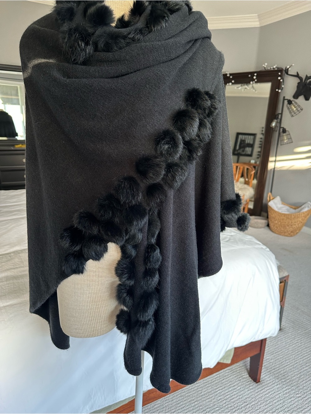 Black Knit Wrap with rabbit fur Pom Pom accents - Picture 4 of 11